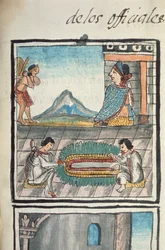Ms Palat. 218-220 Boek IX Ambachtslieden uit het Paleis van Azteekse heerschappij die veren hoofdtooien maken, uit een verslag van Azteekse ambachten in Centraal Mexico geschreven en geïllustreerd door Bernardino de Sahagun, Spaans